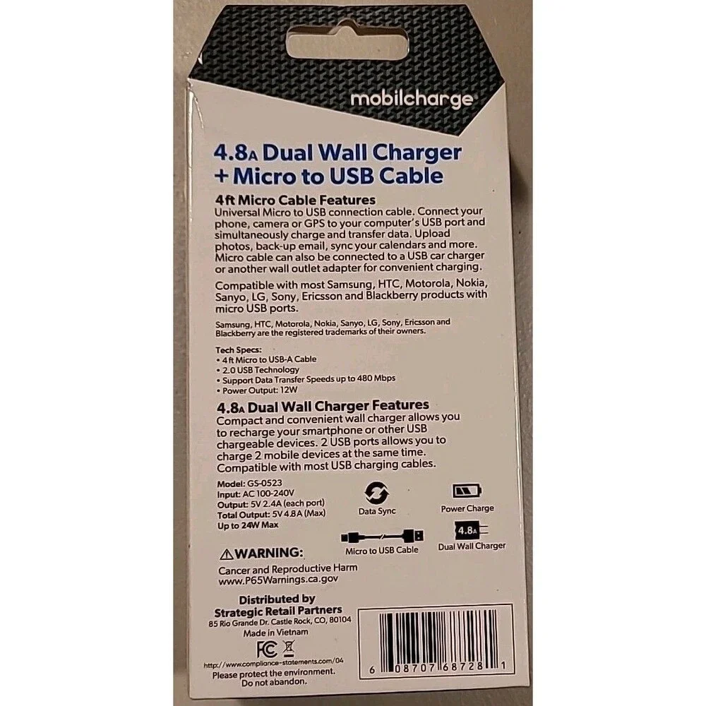 Mobilcharge 4.8 Dual Wall Charger Plus Micro USB Cable